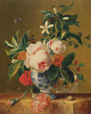 PINK FLOWERS IN A BLUE VASE