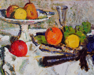 STILL LIFE OF FRUIT ON A WHITE TABLECLOTH
